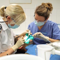 Eine Zahnärztin der Bundeswehr bei der Arbeit an einem Patienten